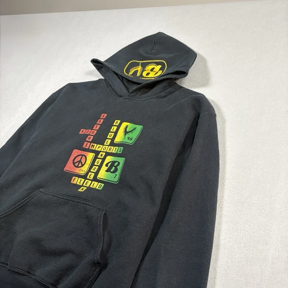 Y2k Black & Yellow Graphic Hoodie with Peace Sign and 420 Design Size Large